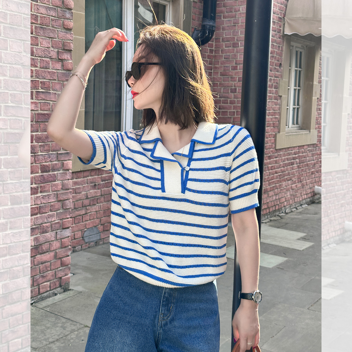Libelin sisy gas polo collar pullover summer short-sleeved casual striped color contrast knitted pullover top female