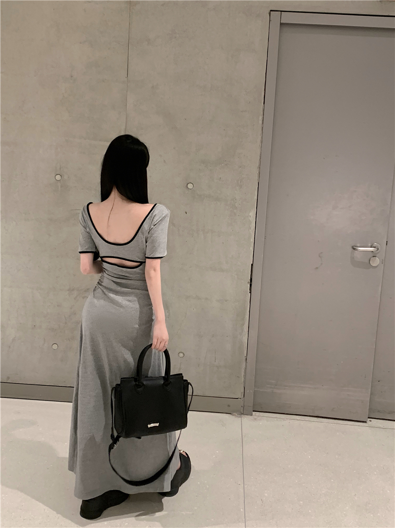 Real price!  Contrasting color U-neck hollow-out back dress women's slim-fit wrinkled hip-length skirt
