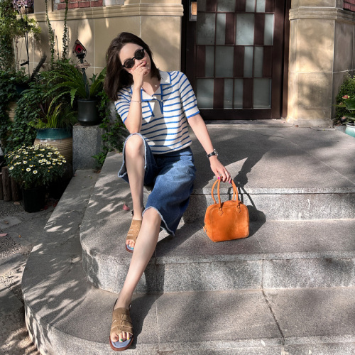 Libelin sisy gas polo collar pullover summer short-sleeved casual striped color contrast knitted pullover top female