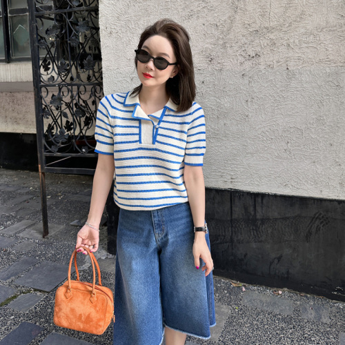 Libelin sisy gas polo collar pullover summer short-sleeved casual striped color contrast knitted pullover top female