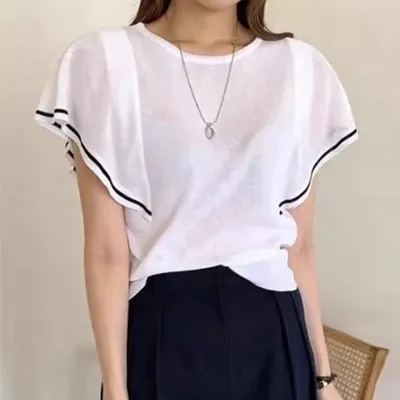 2023 new French style sweet round neck T-shirt striped sweater women's milky chic short-sleeved top summer