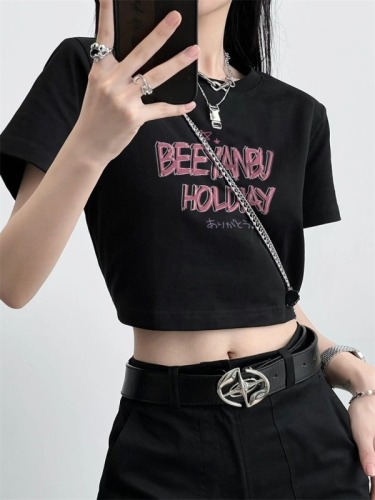 Imitation cotton milk silk 200g front shoulder t-shirt women's short top hot girl black inside with sweet and spicy tight short-sleeved tide