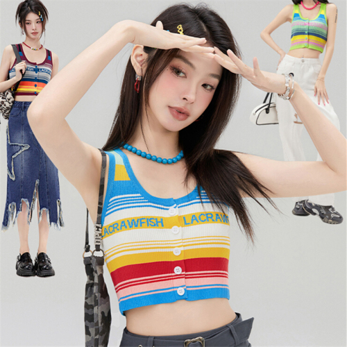 LA CRAWFISH Sweet and Spicy Girl Vintage Rainbow Contrast Striped Jacquard Ribbed Ice Cool Silk Tank Top Girl