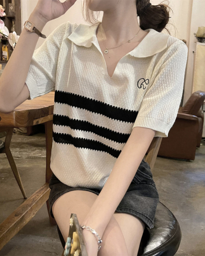 Real price Korean striped v-neck short-sleeved embroidered POLO shirt women's summer all-match slim sweater top
