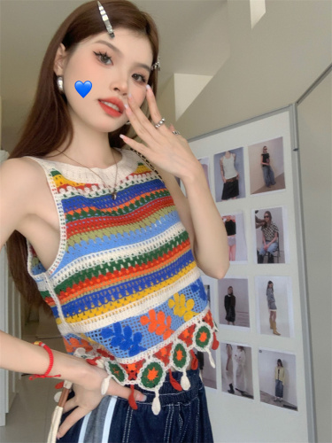 Real price real price Thai rainbow camisole summer hot girl hollow crochet short knitted top