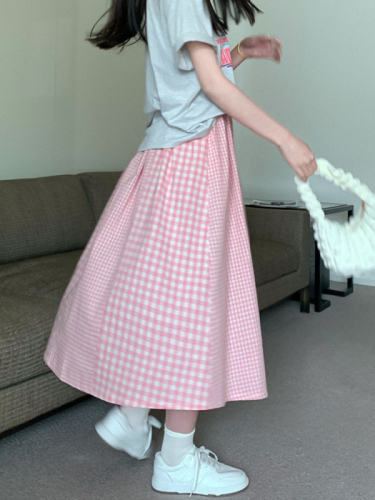 Summer 2023 new sweet plaid mid-length skirt high waist stitching skirt