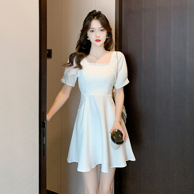 Real Shot 2023 Summer New French Square Neck Short Small Rhinestone Pocket Sweet A-Line Dress