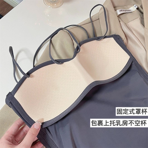 Real shot no price reduction ice silk camisole women's inner wear with chest pad wrapped chest beautiful back wear short thin top