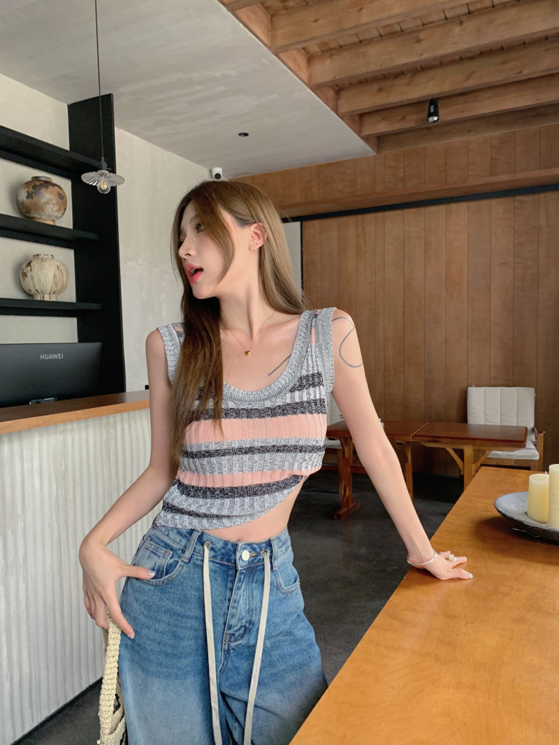 Real price rainbow fudge stripe mixed yarn knitted French camisole top women