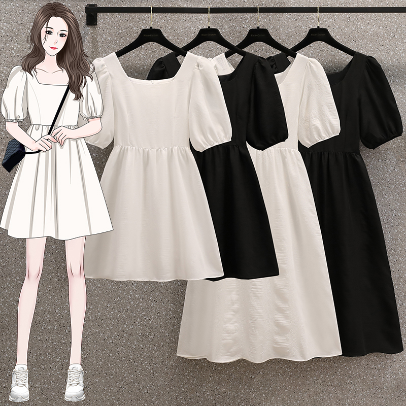 Real shot plus size women's fat MM square collar puff sleeves French slimming age-reducing dress boudoir honey skirt M-4XL200 catties