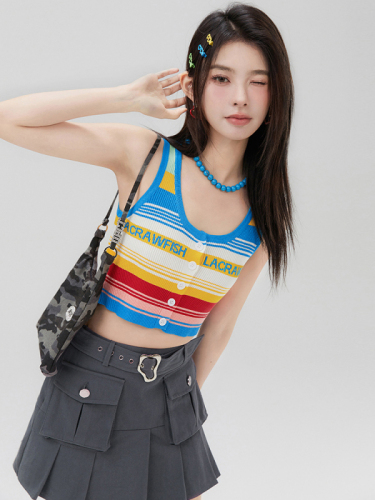 LA CRAWFISH Sweet and Spicy Girl Vintage Rainbow Contrast Striped Jacquard Ribbed Ice Cool Silk Tank Top Girl
