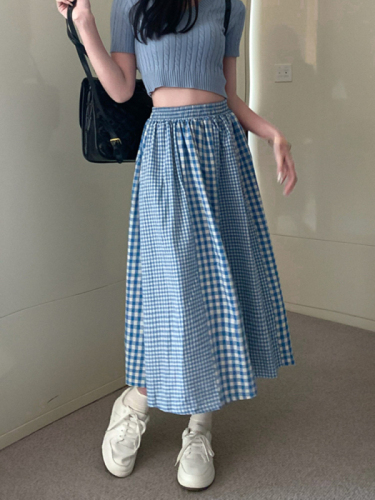 Summer 2023 new sweet plaid mid-length skirt high waist stitching skirt