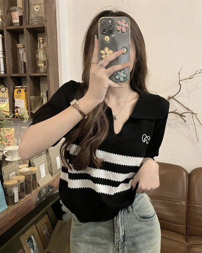 Real price Korean striped v-neck short-sleeved embroidered POLO shirt women's summer all-match slim sweater top