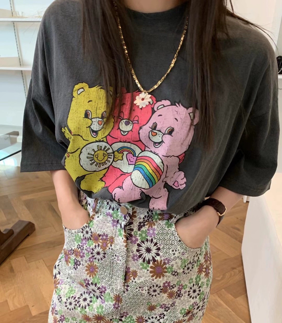 Official Picture Heavyweight/Combated Cotton Back Wrap Collar Seamed S-XXXL Summer Cartoon Style Short-sleeved T-Shirt for Women