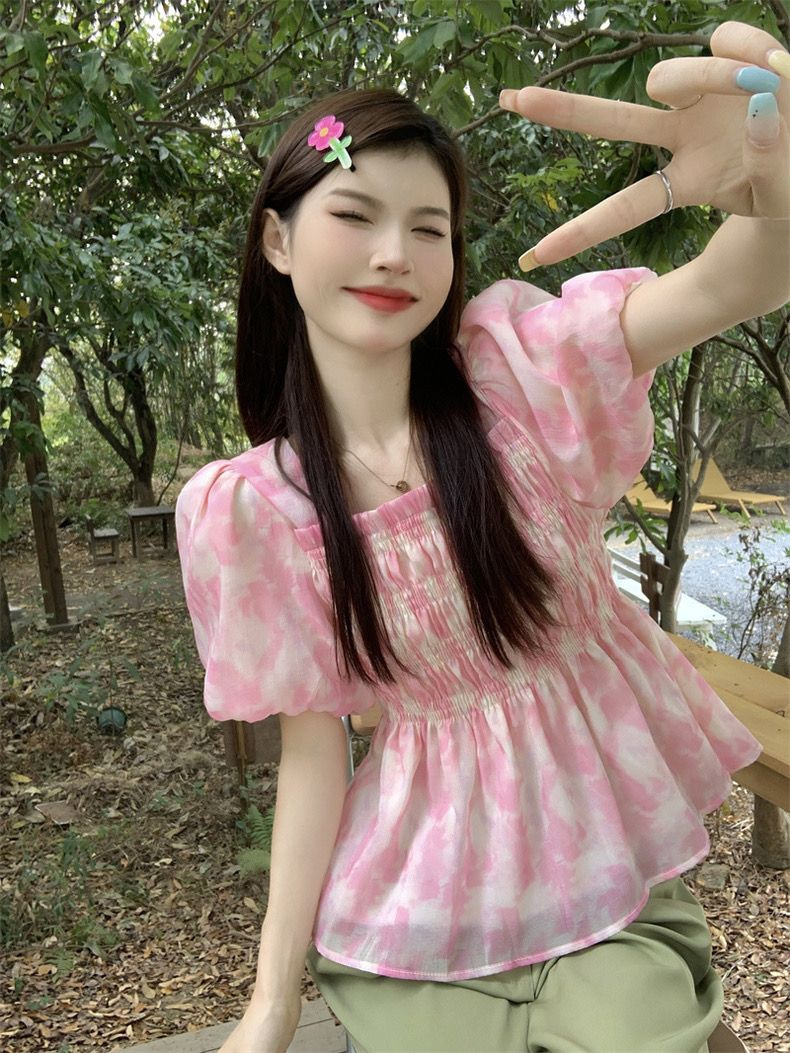 Ruffled stitching pleated tie top women's summer 2023 new design square collar puff sleeve chiffon shirt