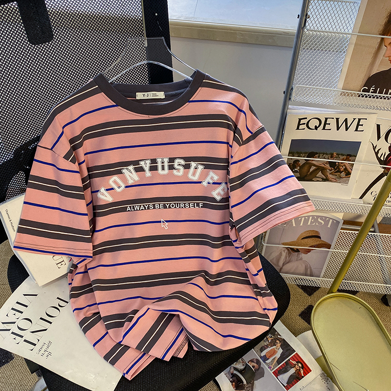 Real shot-Summer 100% cotton | Back pack collar | Summer Korean style mid-length striped short-sleeved T-shirt for women