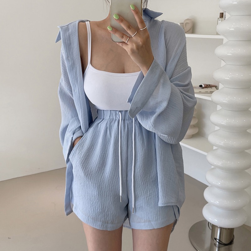 Korean casual lazy wind sunscreen shirt + high-waist belted wide-leg shorts two-piece set