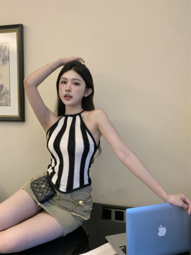 Real price real price Summer off-the-shoulder hit color striped sexy knitted all-match halter neck vest