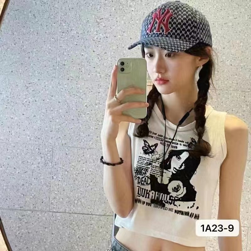 2023 summer new design girly round neck portrait print high waist vest
