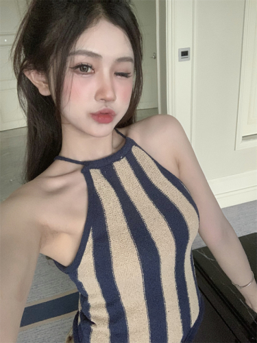 Real price real price Summer off-the-shoulder hit color striped sexy knitted all-match halter neck vest