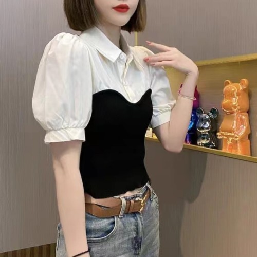 Summer new 2023 Korean version of puff sleeve shirt collar stitching knitted sweater short-sleeved women's T-shirt slim casual top