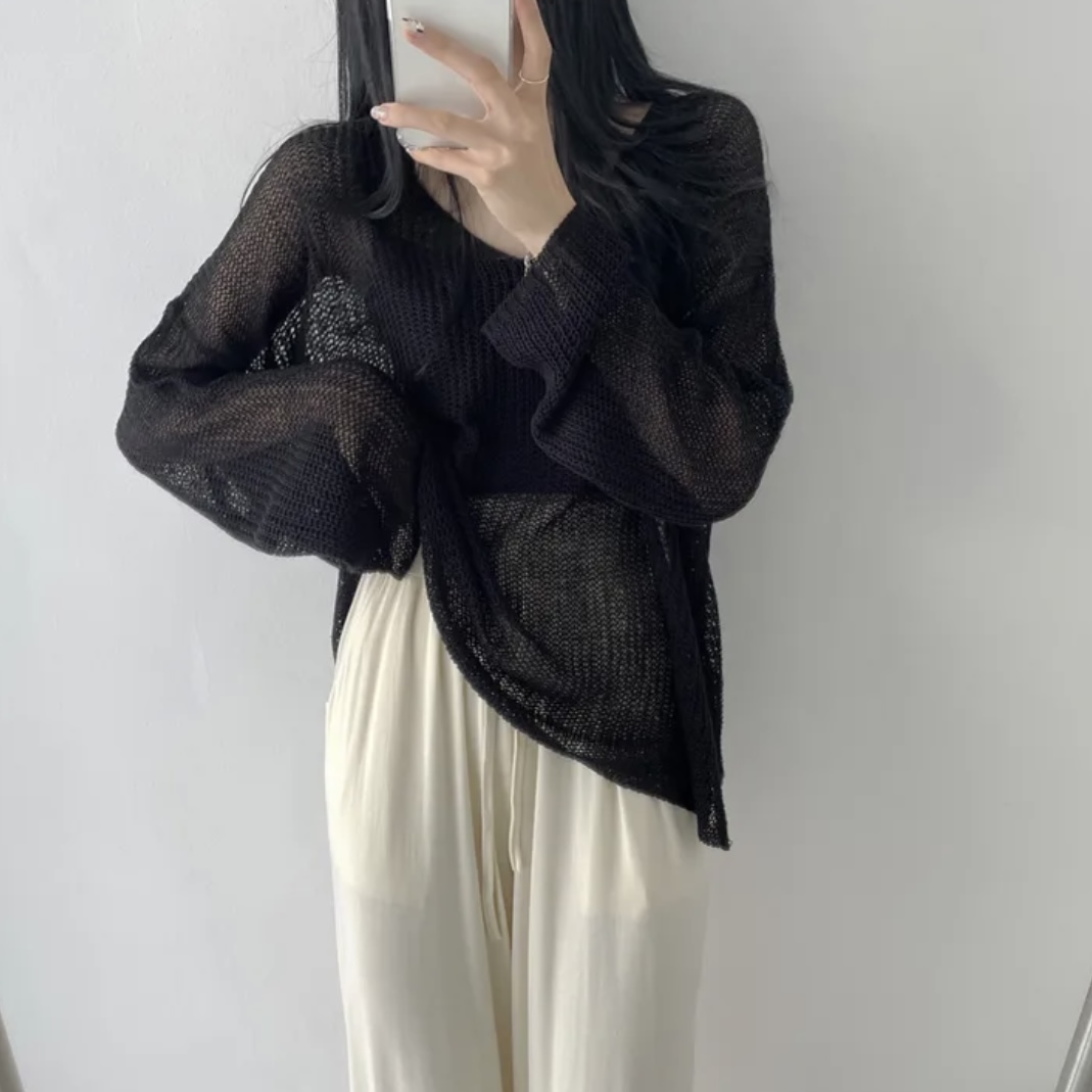 Real shot large size Korean loose fat mm lazy v-neck sunscreen shirt spring summer autumn long-sleeved knitted blouse top