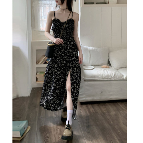 Black floral dress female 2023 summer slim suspender skirt temperament slit skirt tea break skirt French long skirt