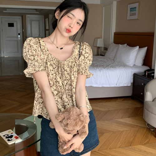Korean sweet yellow floral puff sleeve shirt women's summer  new chic chic square collar loose top