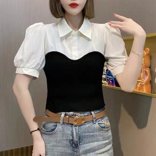 Summer new 2023 Korean version of puff sleeve shirt collar stitching knitted sweater short-sleeved women's T-shirt slim casual top