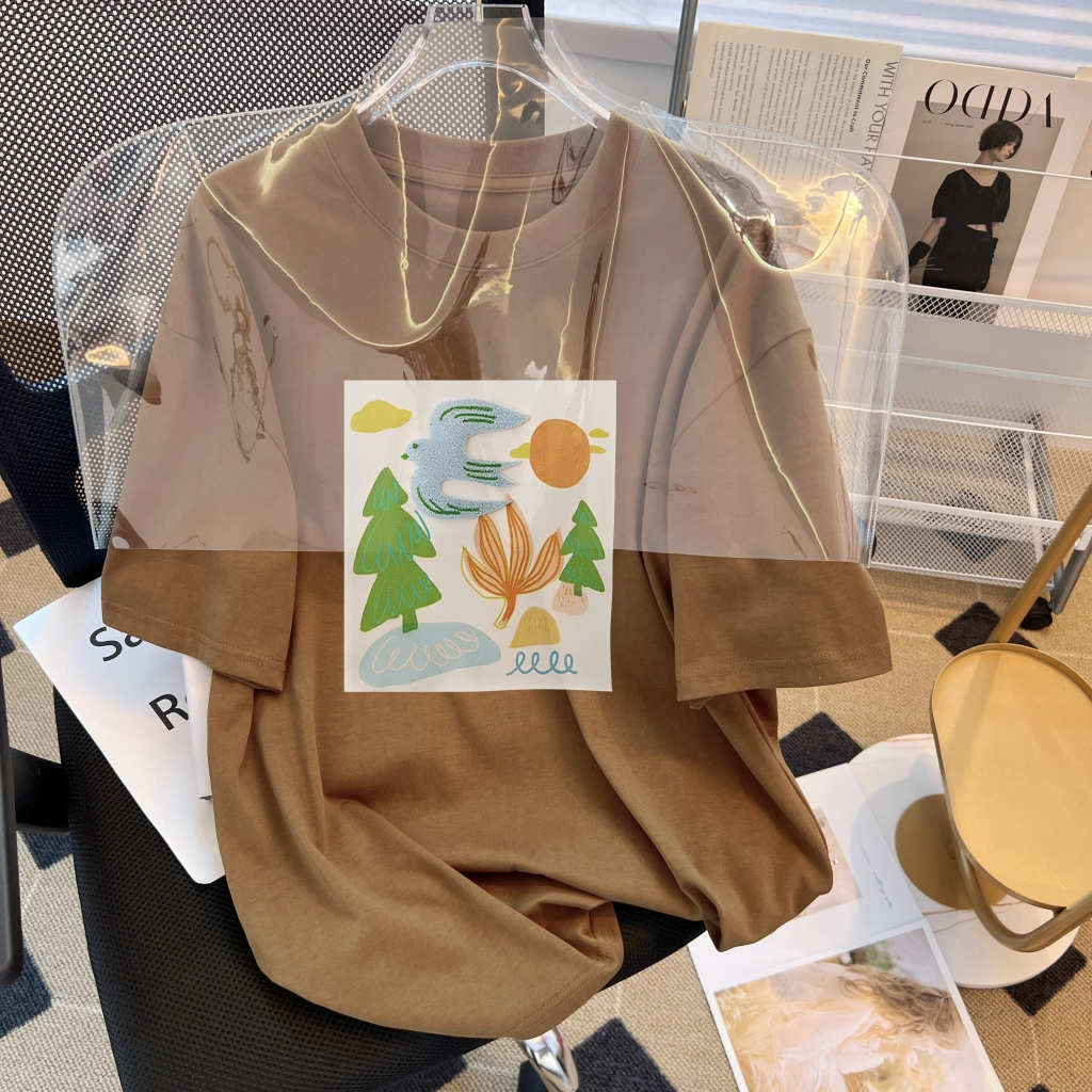 Real price pure cotton wrap collar 2023 summer new 200g pure cotton shoulder strip loose print short-sleeved t-shirt
