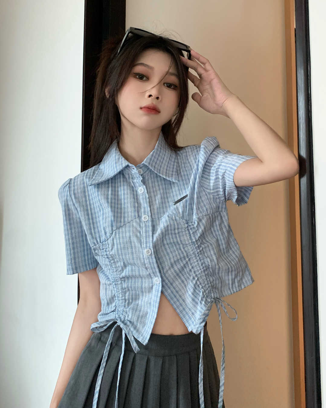 Real shot of the original plaid cloth lace foam printing pure lust hot girl short section