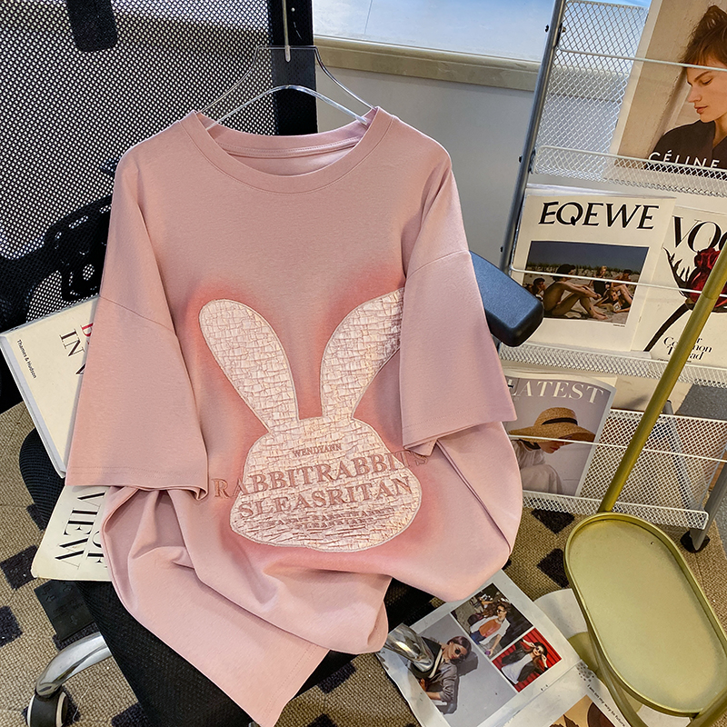 Real Shot-Summer 100% Cotton | Back Cover Collar | Korean Medium Length Embroidered Cartoon Short Sleeve T-Shirt for Women