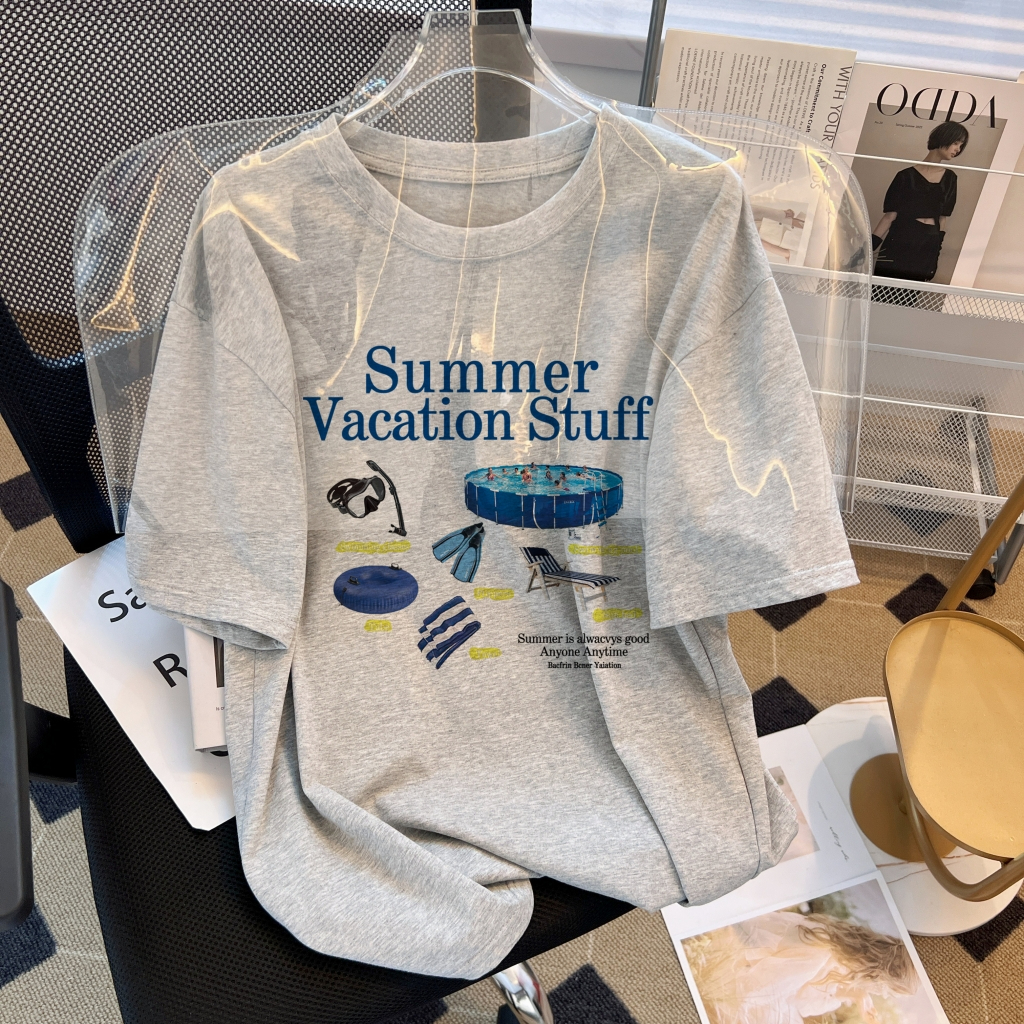 Real shot real price 100% cotton combed cotton printed summer short-sleeved T-shirt women's loose Korean version