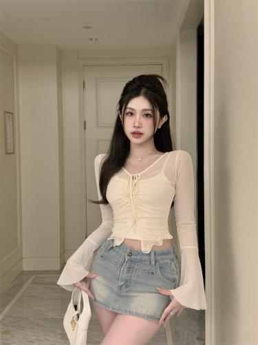 Real price real price summer new self-cultivation lazy style trumpet sleeve sunscreen mesh cardigan suspenders two-piece set