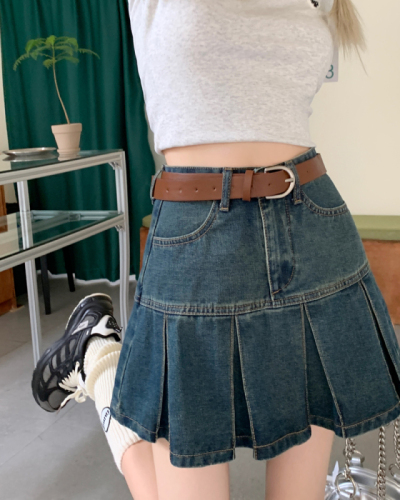 Real price real price retro pleated denim skirt female 2023 summer new slimming pleated skirt Korean version