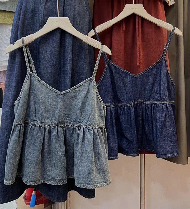 IMISS Korean version of the French retro denim sling small shirt women's summer 2023 new Hong Kong style thin top