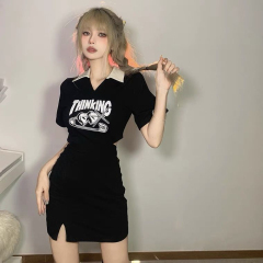 Hollow POLO collar T-shirt dress women's clothing 2023 summer new hot girl waist black bag hip skirt skirt