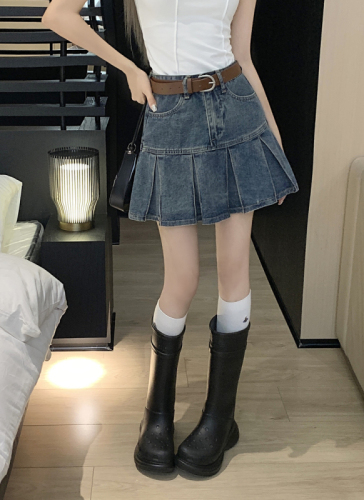 Real price real price retro pleated denim skirt female 2023 summer new slimming pleated skirt Korean version