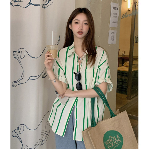 Green striped shirt female Han Fan lazy retro design sense 2023 summer all-match casual loose short-sleeved top