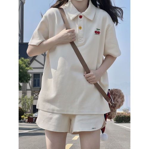 250g waffle two-piece female 2023 summer new heavy industry embroidery student Korean version loose suit