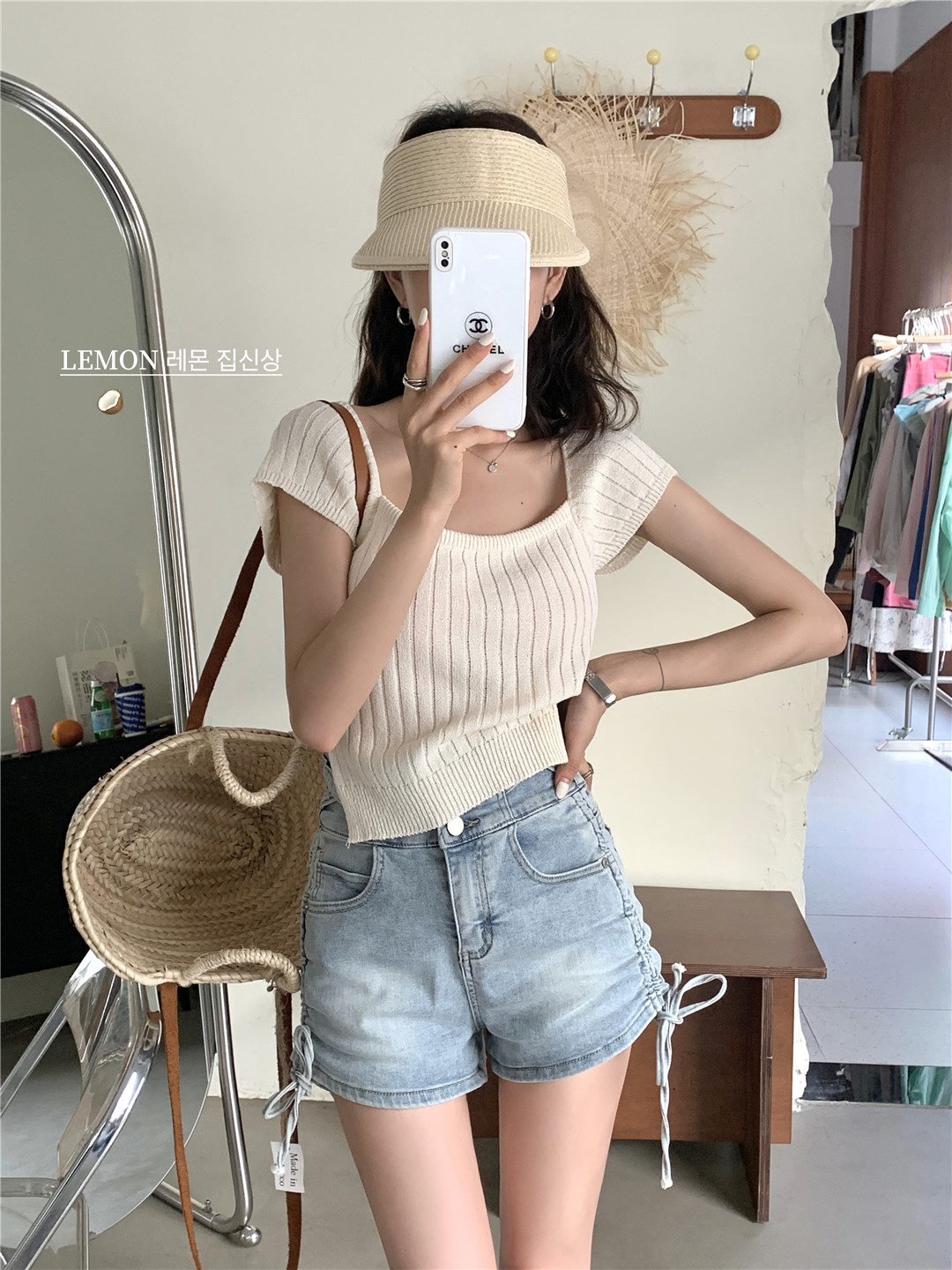 THE LEMON2023 summer new pure desire style backless strap square collar short-sleeved sweater women's top ins tide