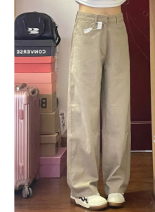 Spring Korean version of khaki high-waisted jeans women's small straight slim loose all-match wide-leg long pants trendy