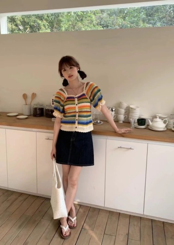 Color striped square collar short-sleeved top  summer new slimming niche single-breasted short knitted cardigan women