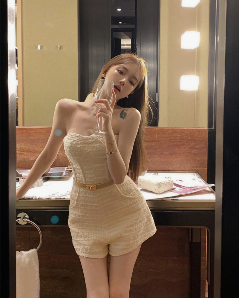Real shot summer retro sexy tube top jumpsuit high waist slim wide leg shorts with belt women
