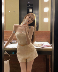 Real shot summer retro sexy tube top jumpsuit high waist slim wide leg shorts with belt women