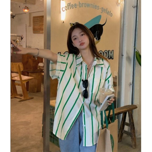 Green striped shirt female Han Fan lazy retro design sense 2023 summer all-match casual loose short-sleeved top