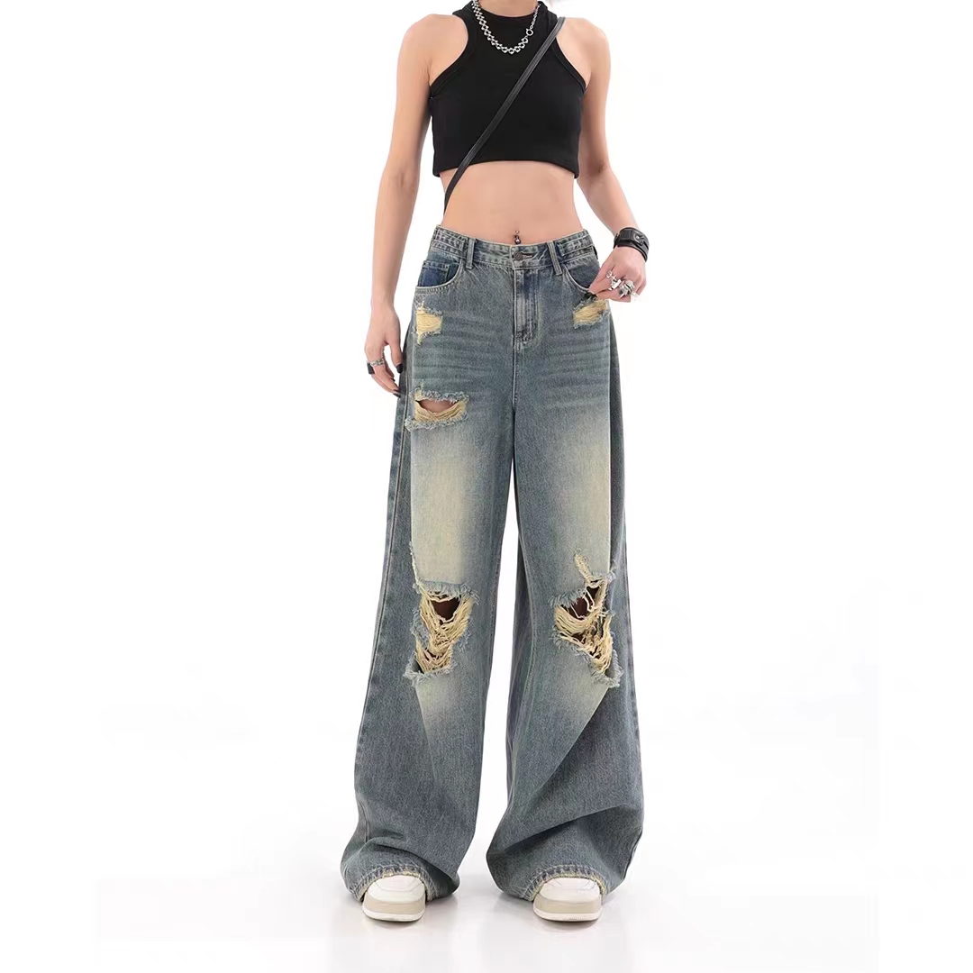American retro ripped jeans women's high waist straight loose slim design sense high street vibe wide leg mopping pants