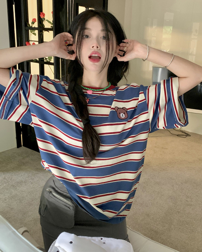 Cotton summer loose top new short-sleeved t-shirt women's stripe embroidery