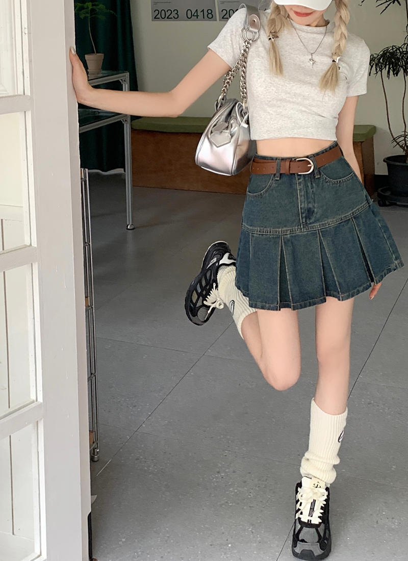 Real price real price retro pleated denim skirt female 2023 summer new slimming pleated skirt Korean version