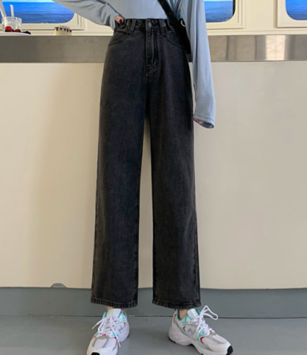 Small spring and autumn Korean version of high-waist straight jeans female students loose all-match old wide-leg pants trousers summer
